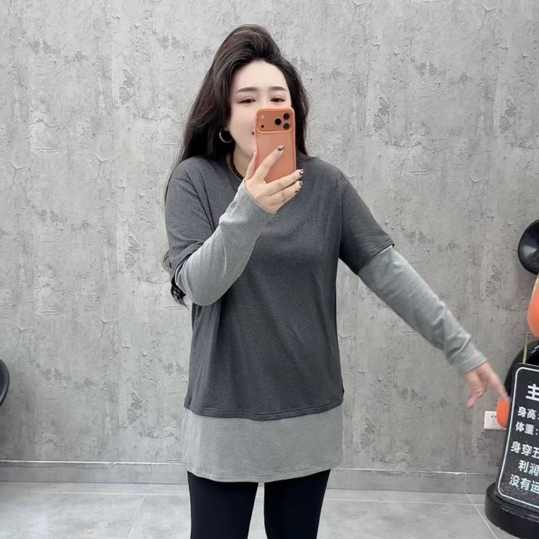 圆领拼接极长袖假两件T恤拉毛