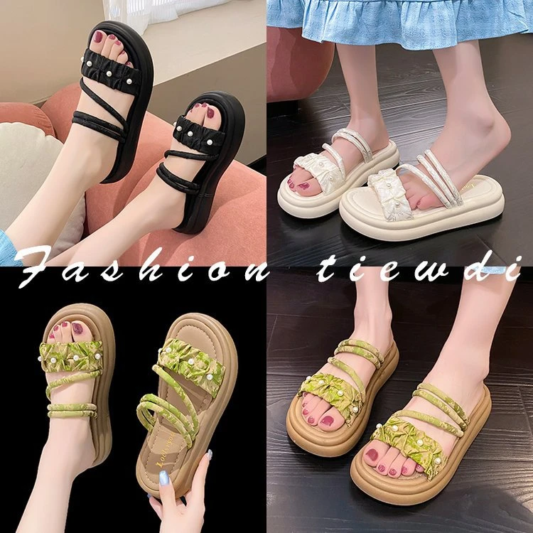 平底凉鞋2025新款夏季温柔仙女风珍珠圆头海边沙滩时尚凉拖鞋子