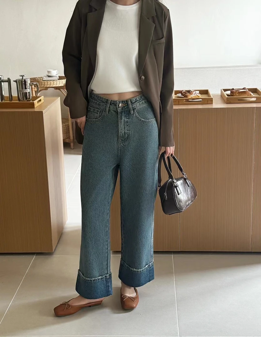 89-50277 复古卷边设计高端九分阔腿牛仔裤潮流夏季水洗百搭