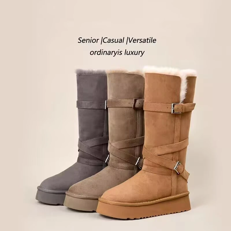 【专柜真皮版】保暖厚底时尚雪地靴2025冬季新款搭扣中筒女加厚棉鞋