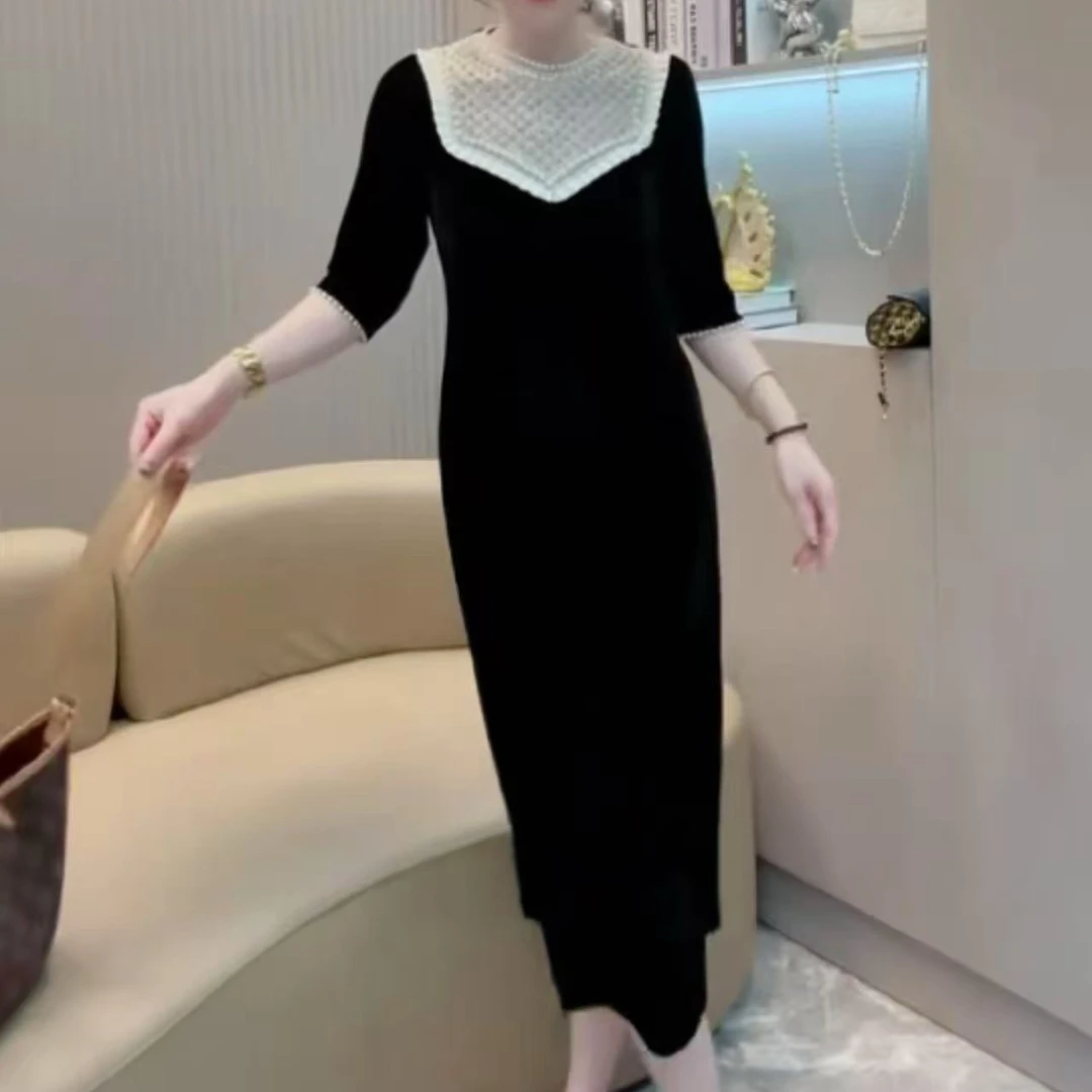 法式气质拼接短袖圆领收腰长款连衣裙高级感显瘦时尚