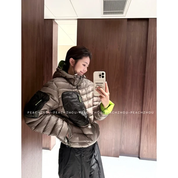 PEACHZHOU 撞色排骨口袋90白鹅绒宽松连帽拉链羽绒服保暖防风外套