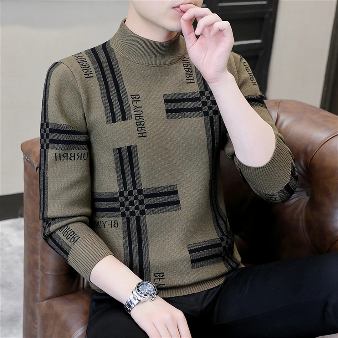普卡夕赫半高领格子针织衫秋冬男冬季加绒加厚男士条纹毛衣打底衫
