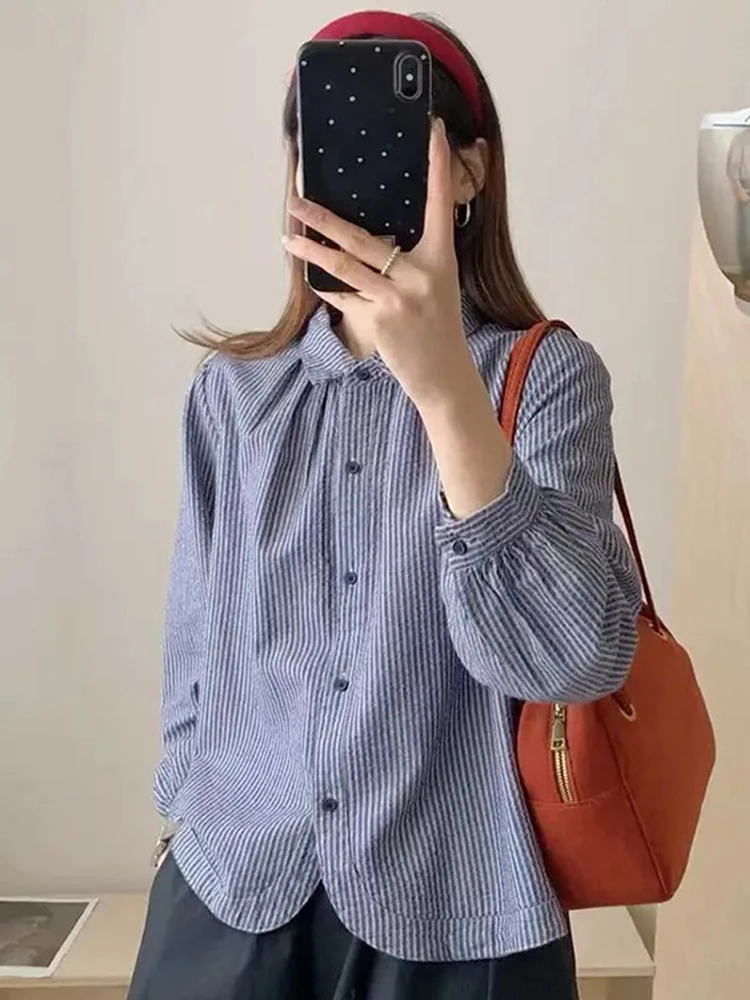 （棉）高级感复古拼接条纹长袖衬衫女2025秋季新款休闲洋气百搭上衣
