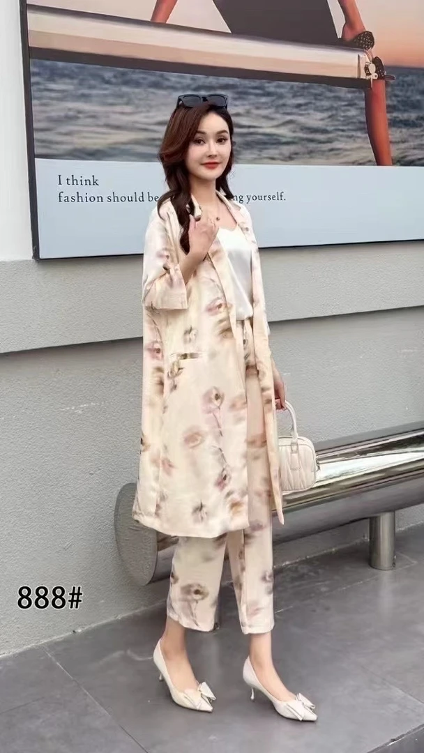 粉色气质长款中式印花原创设计小众国风感套装