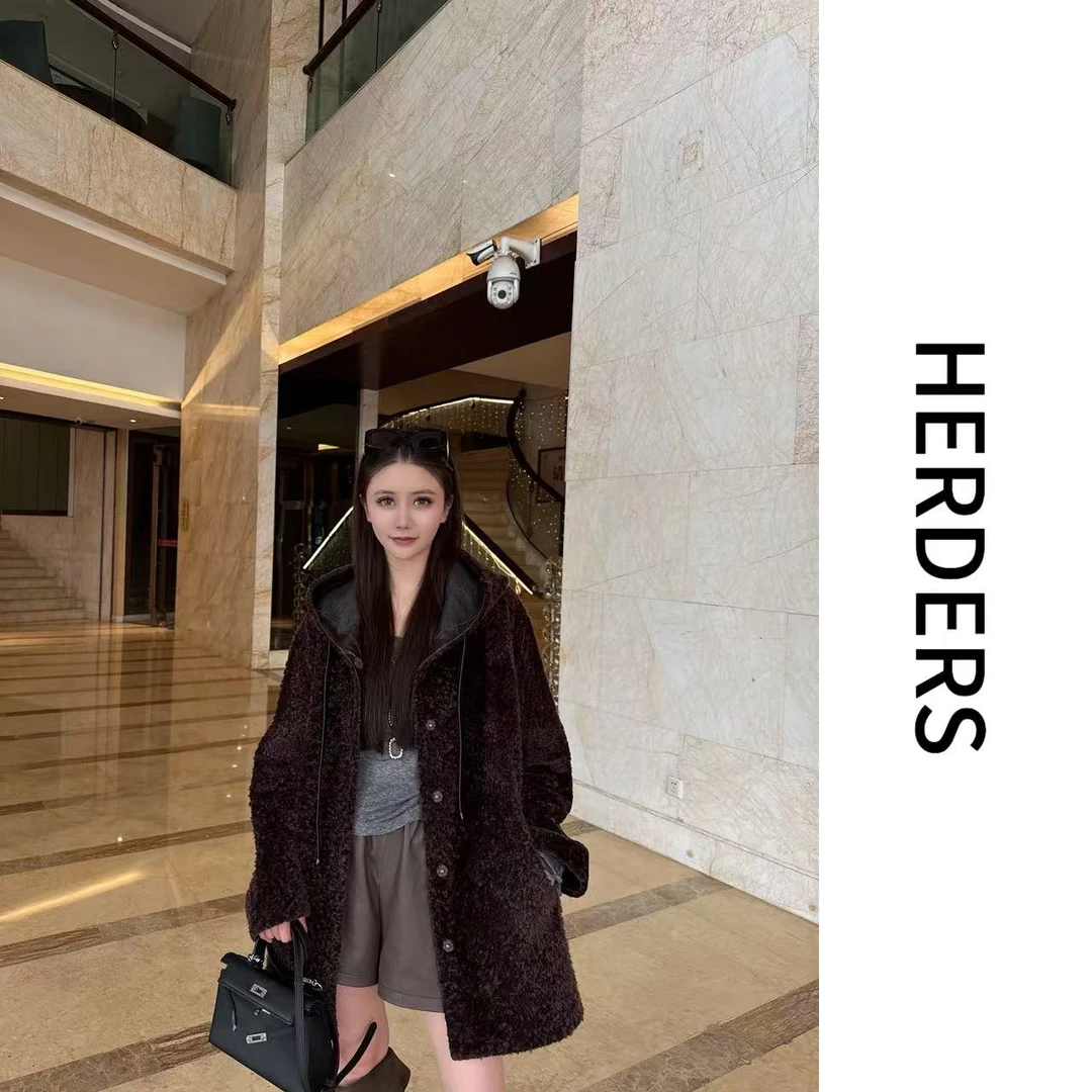 HERDERS '高奢拉贡系列’中长款连帽纽扣款皮毛一体外套 50938