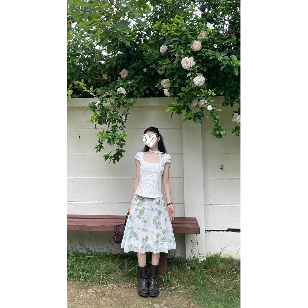 中古私服 韩系短袖方领收腰上衣高腰网纱拼接花花中裙半裙套装