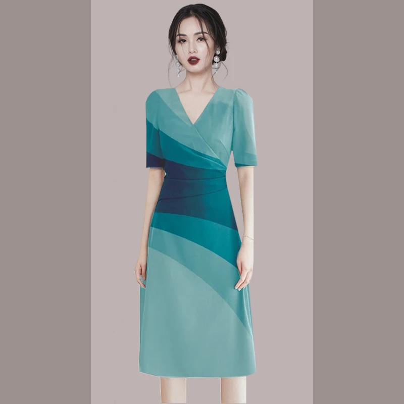 夏季短袖V领收腰法式连衣裙2025新款女裙子质感高级感配