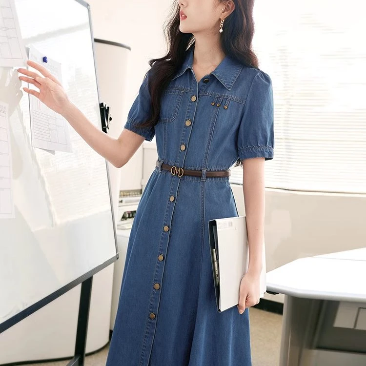 【粉丝专享  】Q642648连衣裙 香影牛仔连衣裙女泡泡袖春夏新
