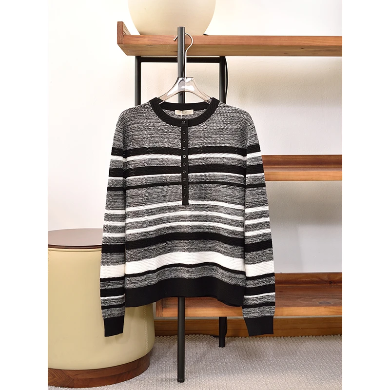 秋季新品 女款圆领半开门襟宽松长袖羊毛衫