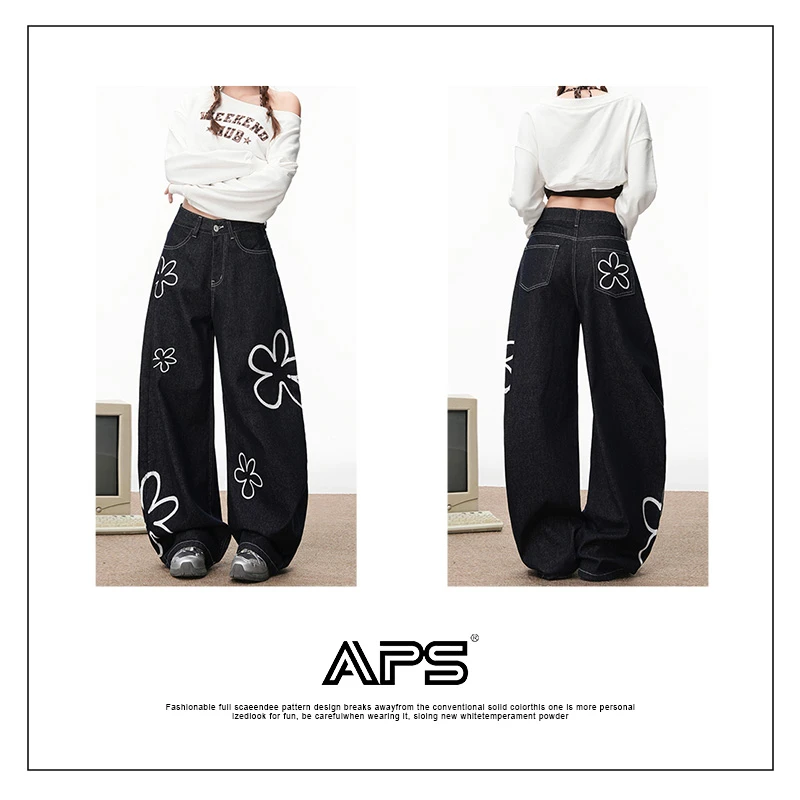 APS美式线条花朵印花设计感牛仔裤女小众新款宽松显瘦弯刀裤