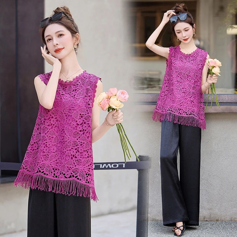 名媛小香风无袖蕾丝套装女夏高级感时尚洋气阔腿裤减龄气质两件套