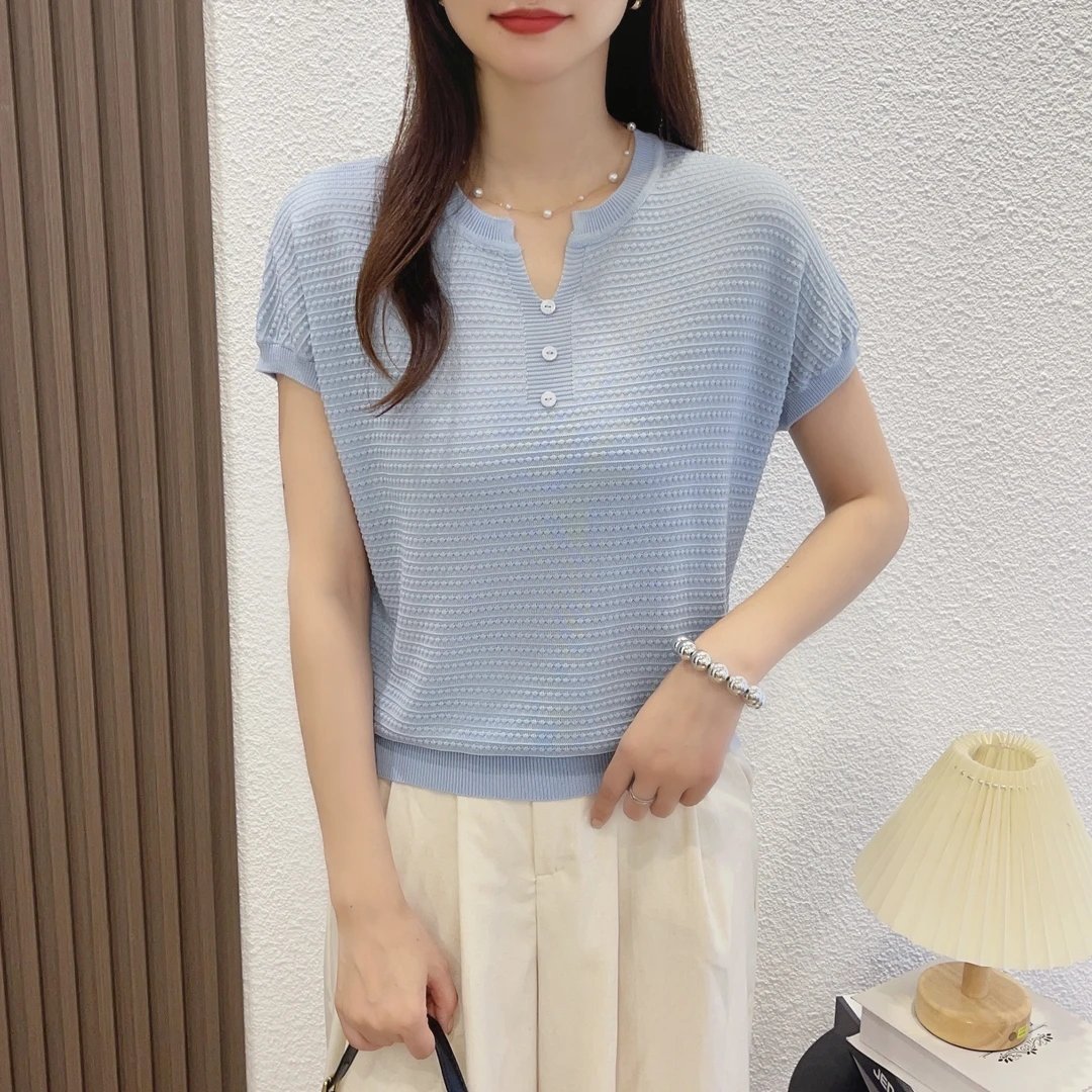 100%天丝（莱塞尔纤维）剪刀V领立体提花针织短袖女夏宽松T恤洋气
