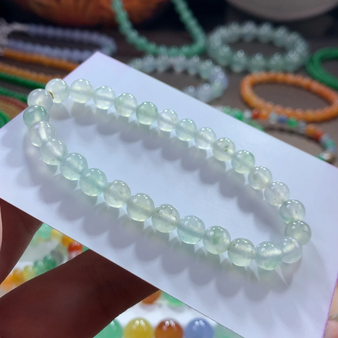 翡翠未镶嵌手链翡翠小高冰淡色冰咖飘绿花卡6.20～6.60+