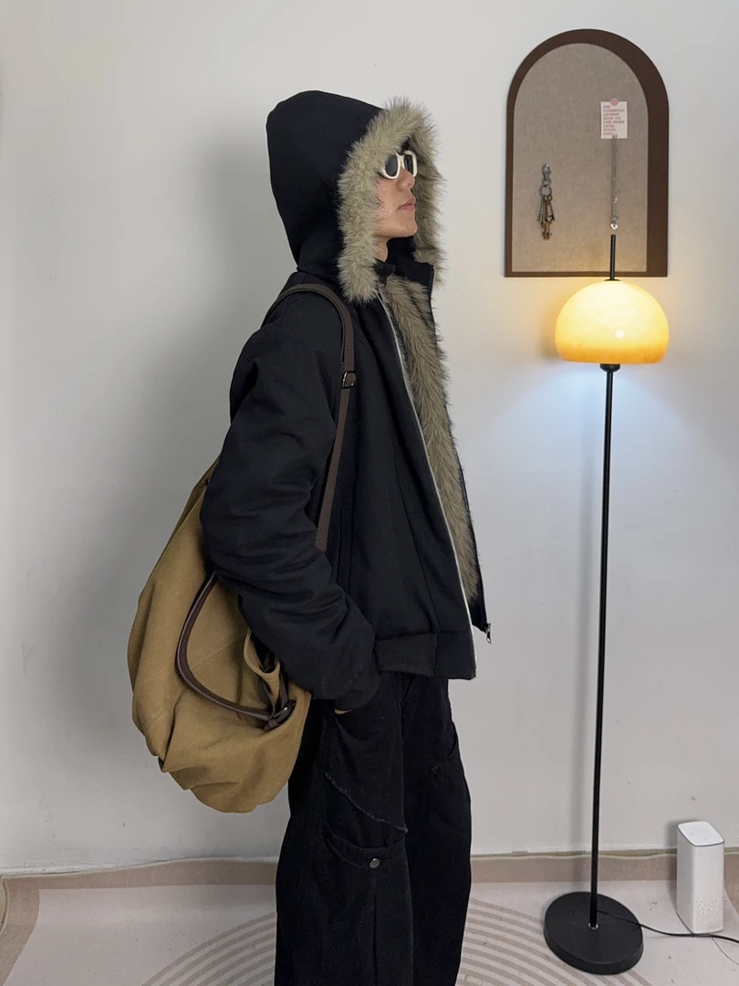 银狐可拆卸结构连帽水洗帆布休闲夹克男女同款毛领保暖外套