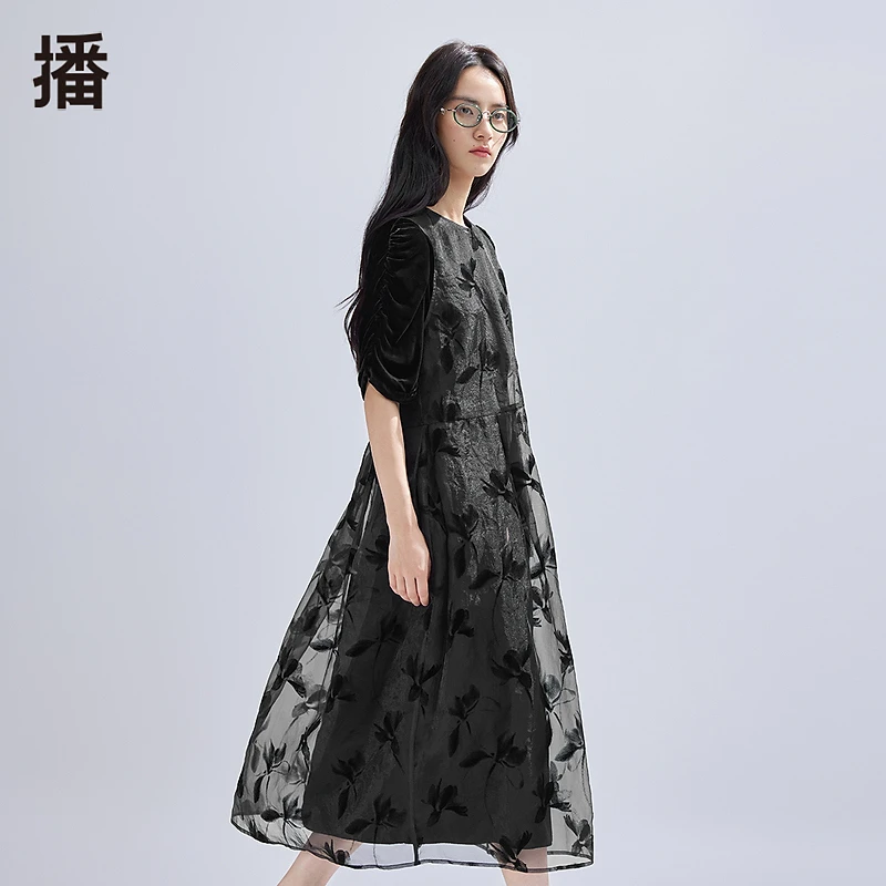 【直播专属】播艺术感繁花时尚黑色连衣裙收腰拼接BDR1LD0073