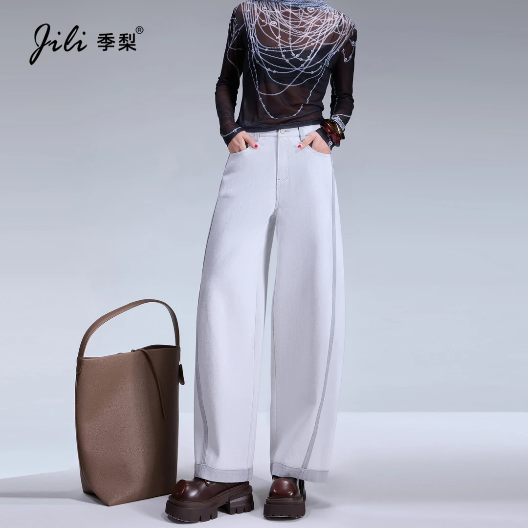 季梨秋款【弯刀裤】阔腿牛仔长裤高腰宽松休闲通勤韩版牛仔裤女孩