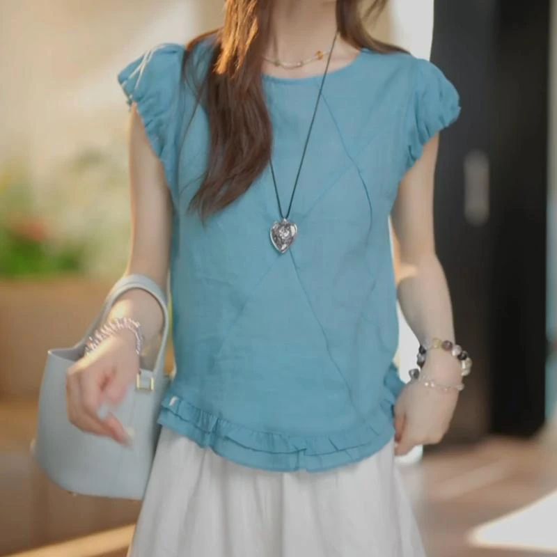 简约高级感时尚短袖2025夏装法式圆领小清新气质设计感纯色上衣