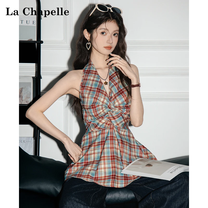 拉夏贝尔2025夏季新款时尚格纹挂脖背心女设计感绑带收腰无袖上衣