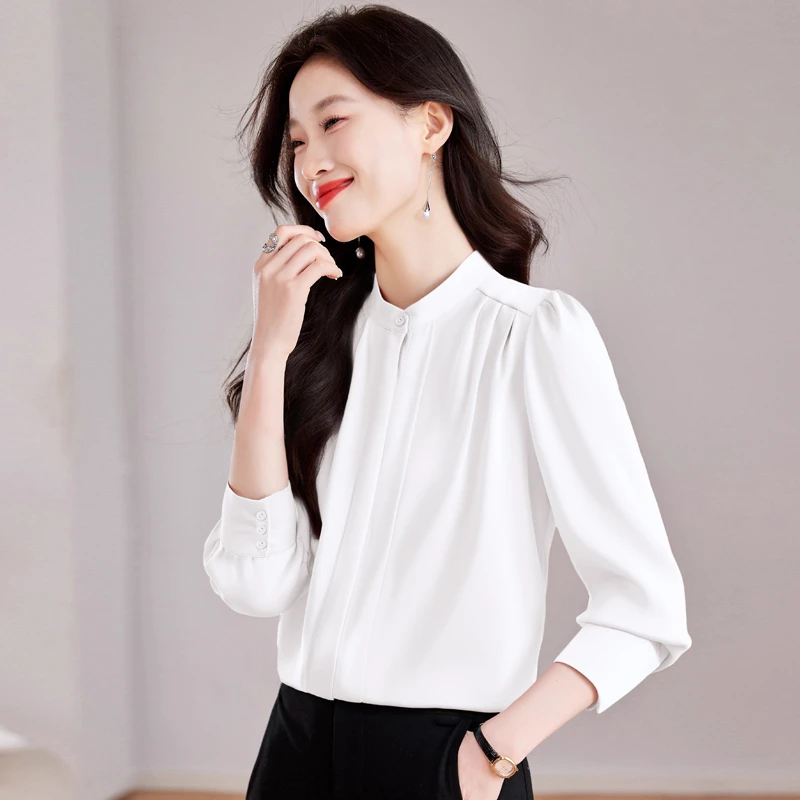 2025秋季新品立领通勤显瘦时尚别致纯色缎面女士长袖衬衫大码461