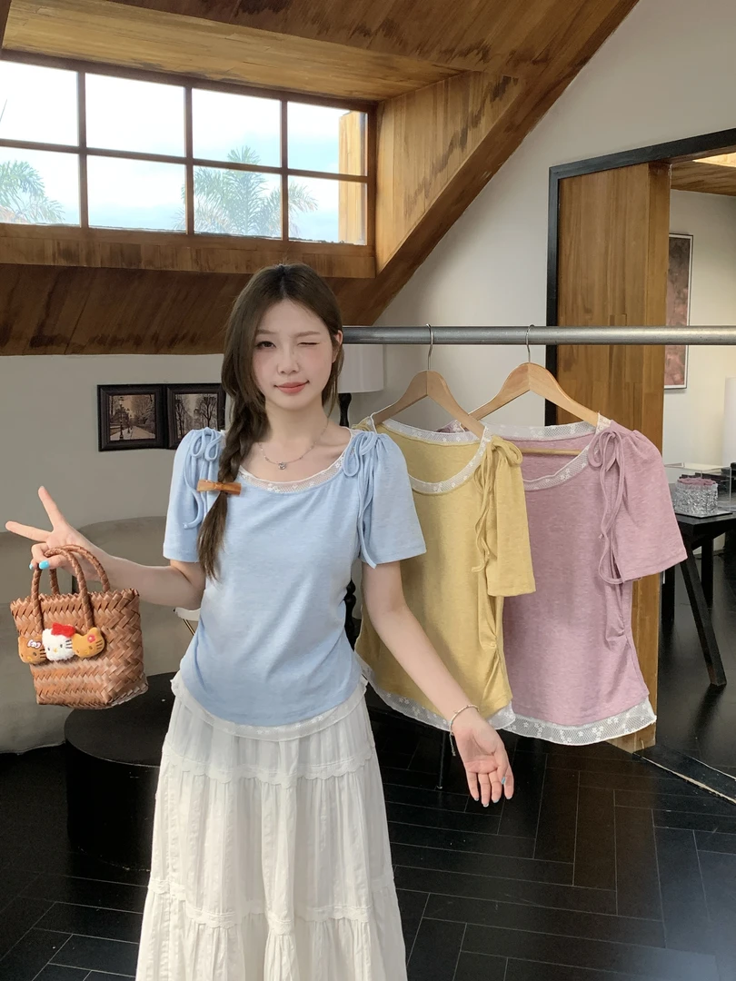 2025夏季新款胖mm大码蕾丝拼接收腰短袖纯欲甜美洋气衣服女T恤潮
