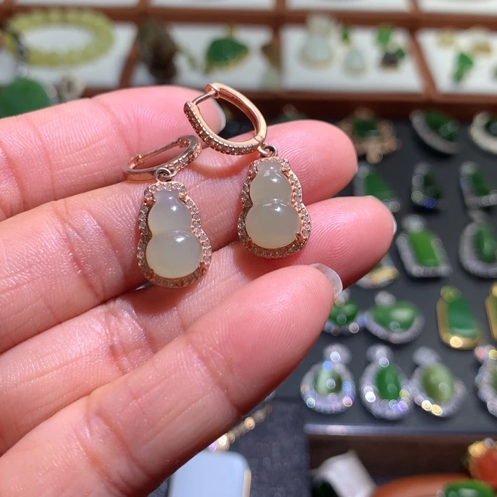 和田玉耳扣银S925镶嵌