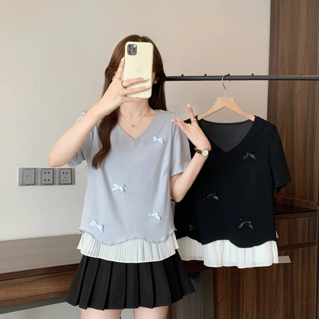 清2025夏季胖mm大码女拼接蝴蝶结短袖T恤设计感波浪边上衣64857