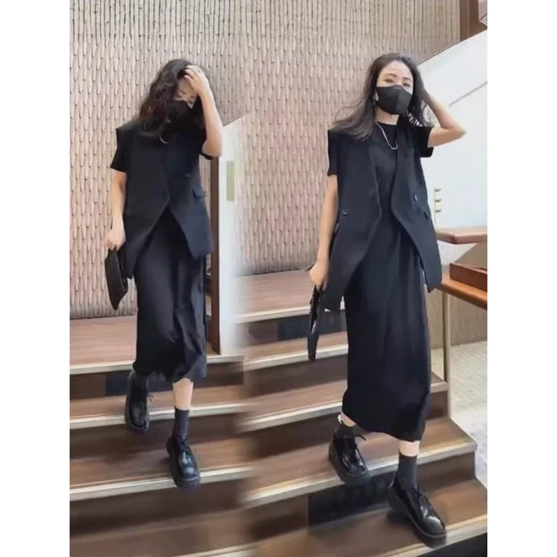 大码女装夏季胖mm遮肉套装马夹显瘦针织短袖连衣裙子两件套200斤