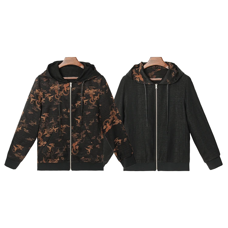 99069双层双面连帽外套桑蚕丝提花珍珠缎红云纱运动时尚休闲宽松