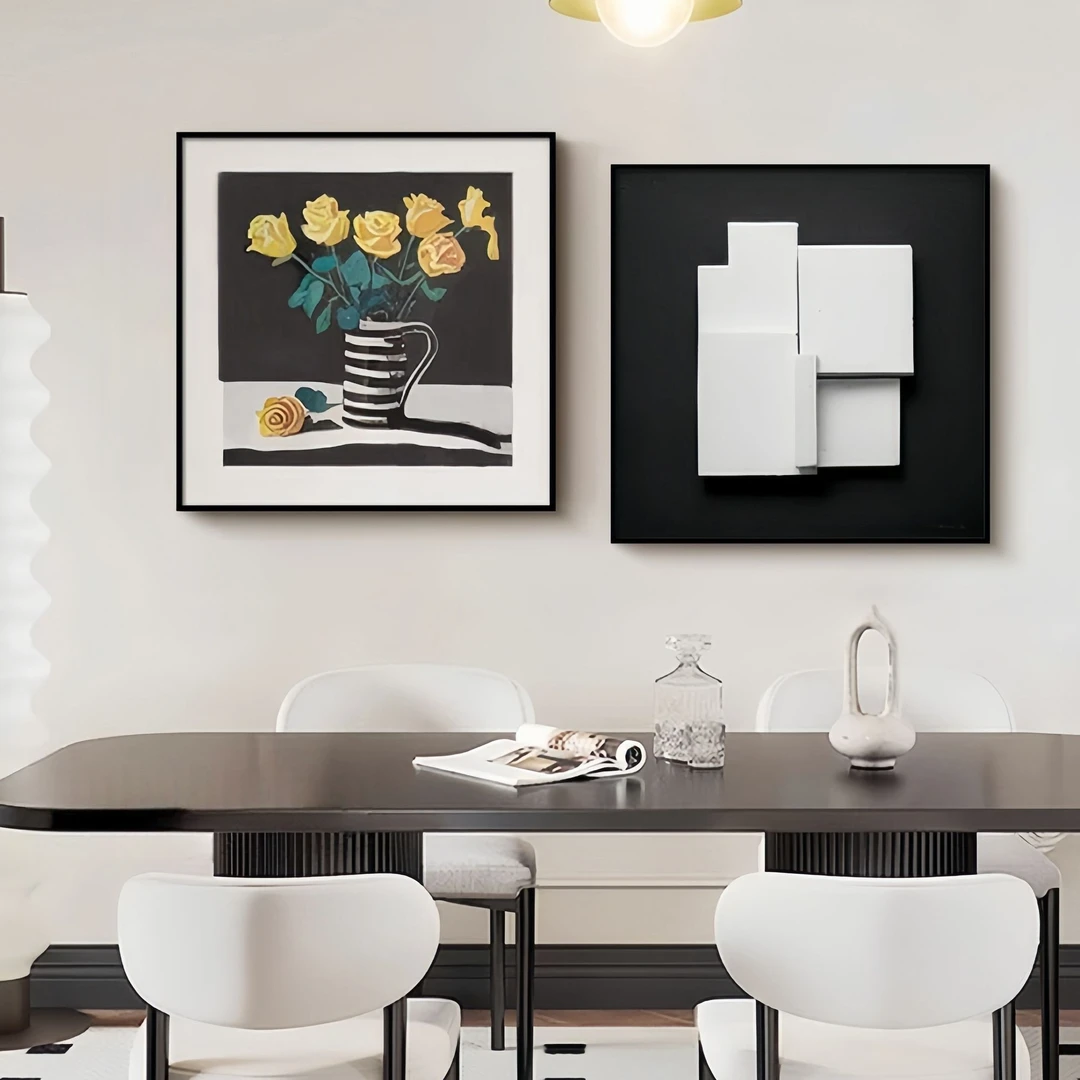 简约ins风餐厅装饰画黑白抽象饭厅背景墙挂画花卉艺术房间卧室画