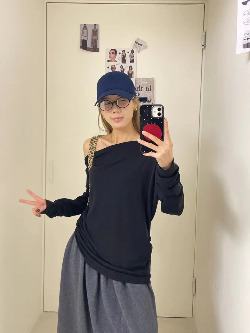 78011韩版东大门新款一字肩露锁骨性感斜肩上衣女宽松慵懒感大7