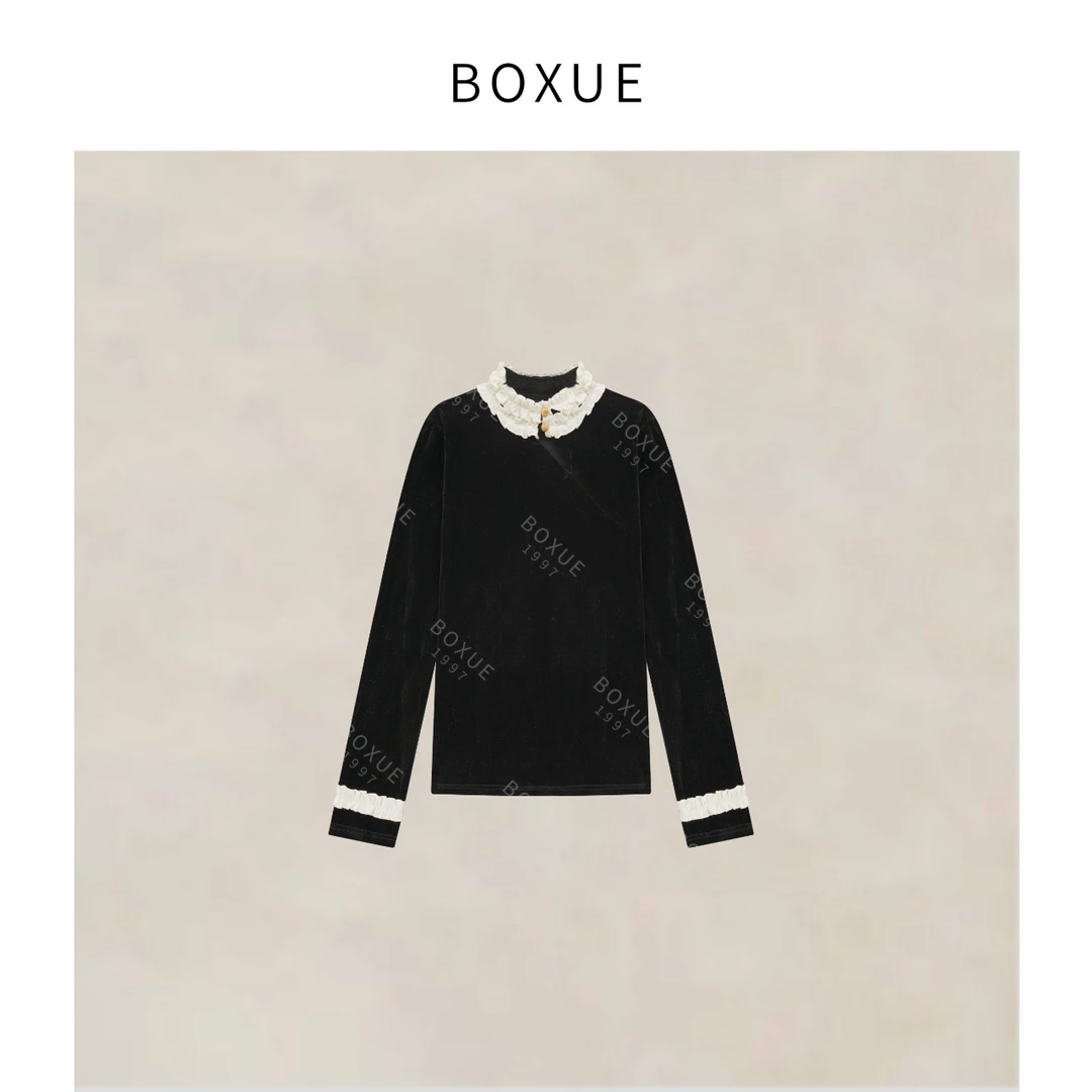 BOXUE “竹映雪” 2025秋冬高级感桑蚕丝拼接轻奢 T恤#250917T4924