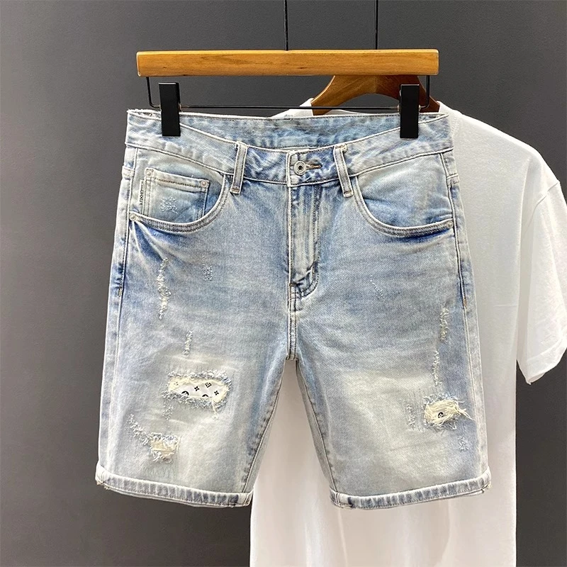 法国Cebrodz新款浅色破洞牛仔短裤男士修身水洗夏做旧刺绣五分裤