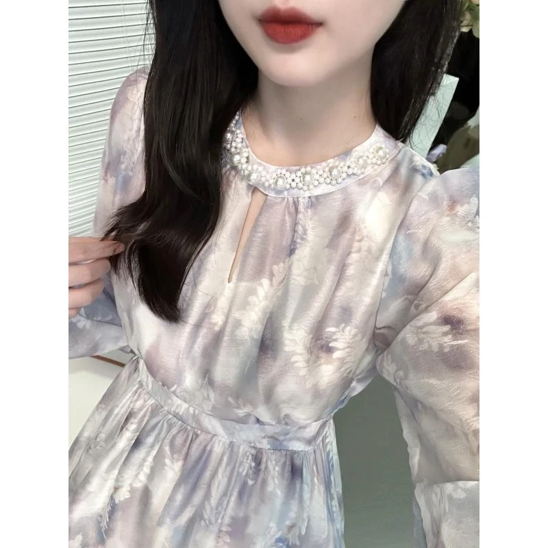 清连衣裙女气质时尚长袖春秋法式印花碎花裙收腰显瘦长裙子