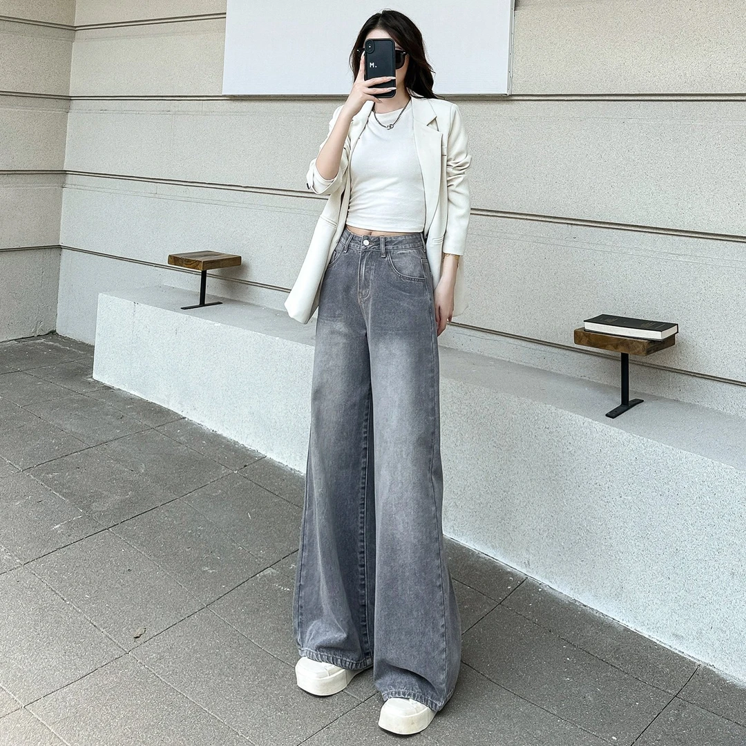 小个子灰色牛仔裤女秋季新款高腰小众炸街高级感宽松显瘦阔腿裤子
