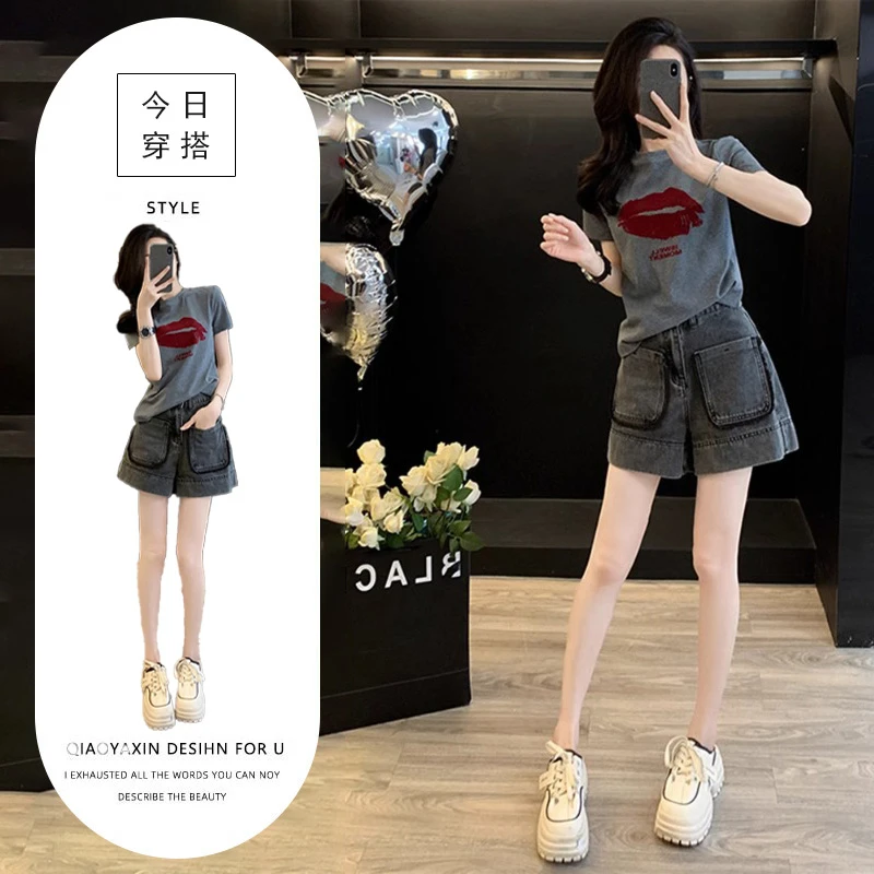 小个子穿搭休闲运动套装女夏潮牌炸街减龄时尚短袖牛仔短裤两件套