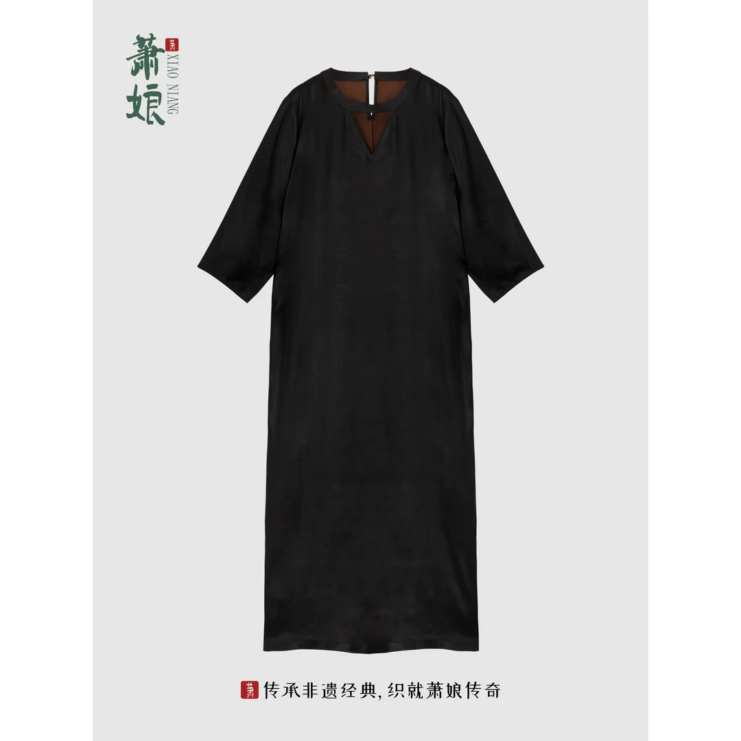 【夜潇】弹力缎香云纱工艺桑蚕丝连衣裙新中式宽松气质女裙5492