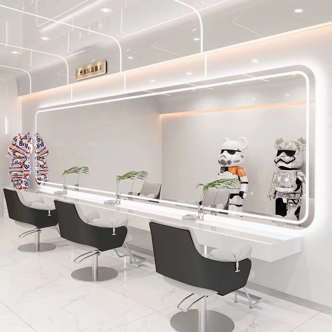 时尚横挂镜子理发店镜子带灯网红美发店镜台发廊专用壁挂美发镜子