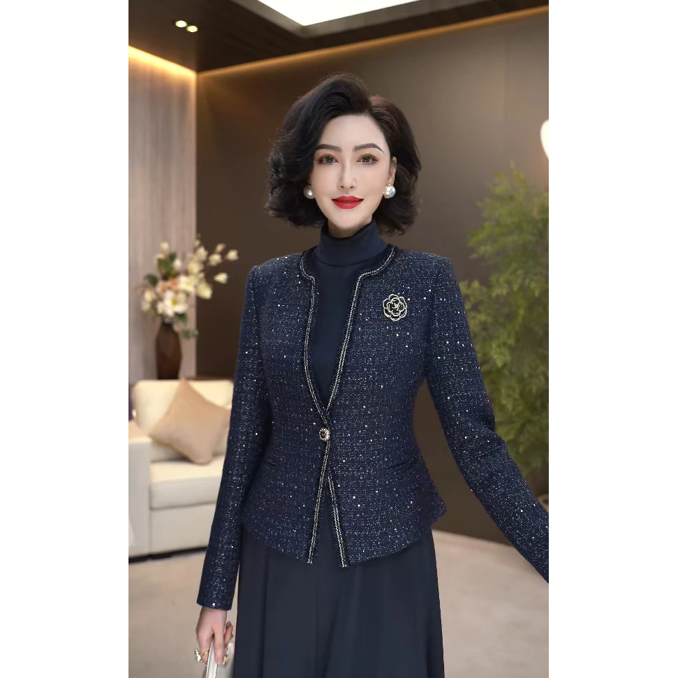 2025秋季高奢小香风藏蓝色亮丝编织粗花呢高贵短款上衣外套WF2129