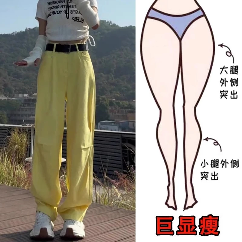 浅蓝色镰刀设计牛仔裤女2025春季新款宽松显瘦弯刀褶皱阔腿长裤子