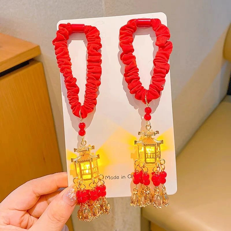 亮灯发圈 红色亭台楼阁 新年发饰女童古风高弹力发绳丸子头发圈儿