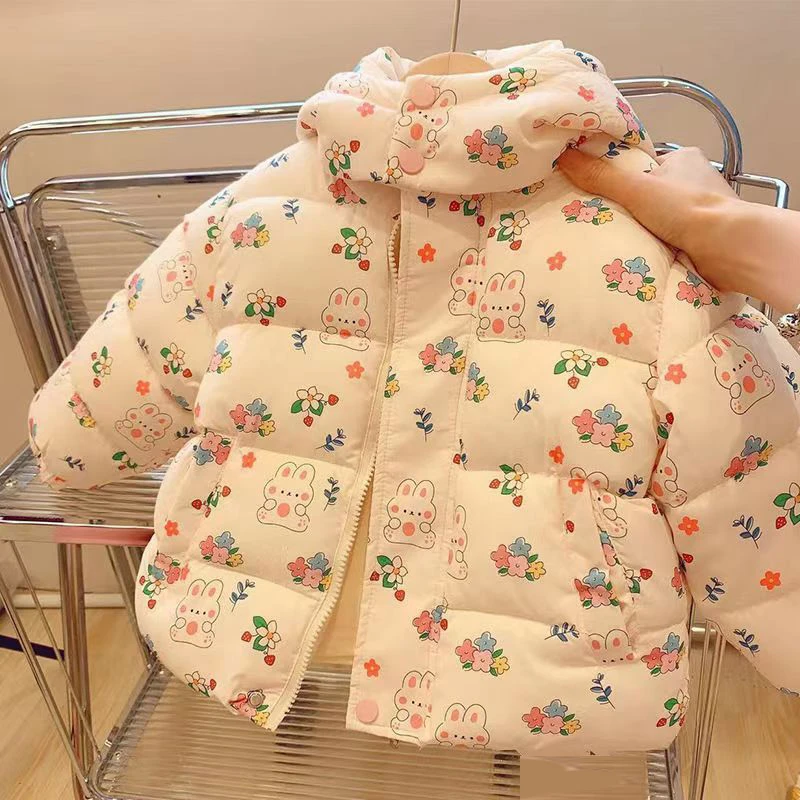 儿童加绒加厚棉服卡通印花冬季时尚女宝宝保暖连帽外套