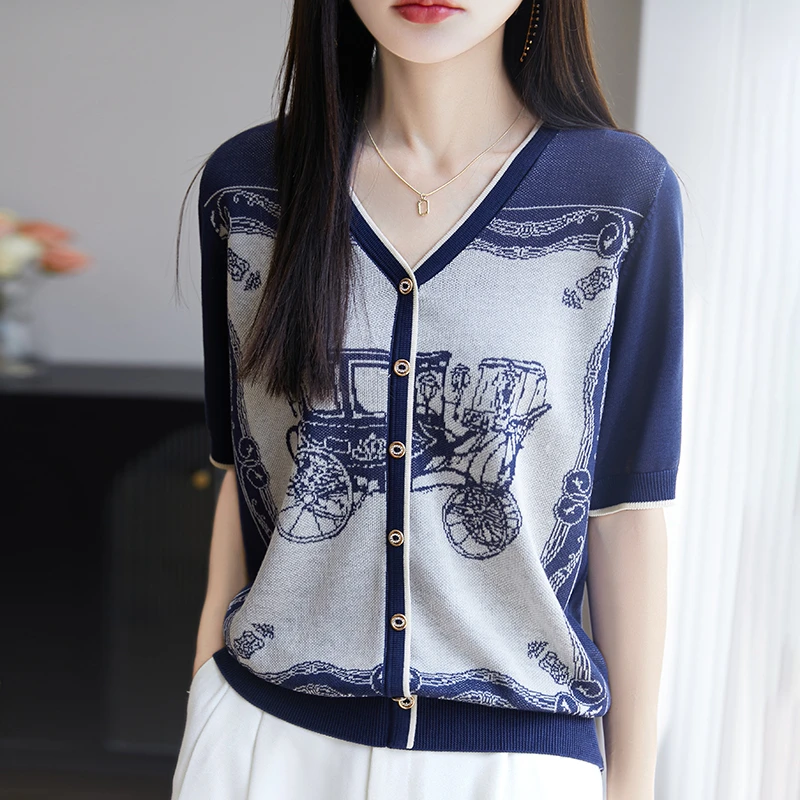 提花V领针织短袖T恤女2025夏薄套头假开衫上衣半袖t恤打底衫冰丝