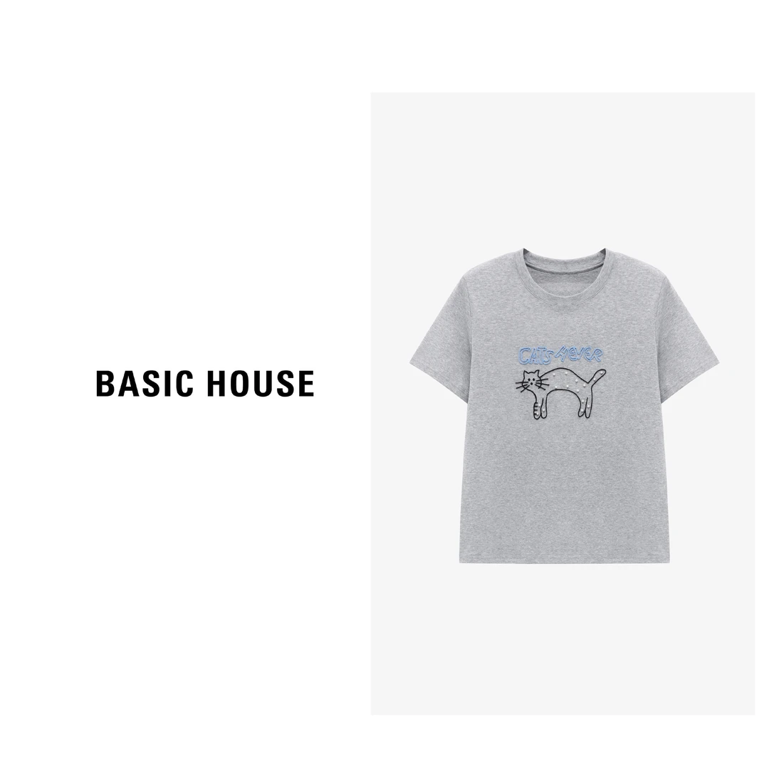 Basic House/百家好夏季休闲时尚百搭猫咪印花T恤-B0625B52342