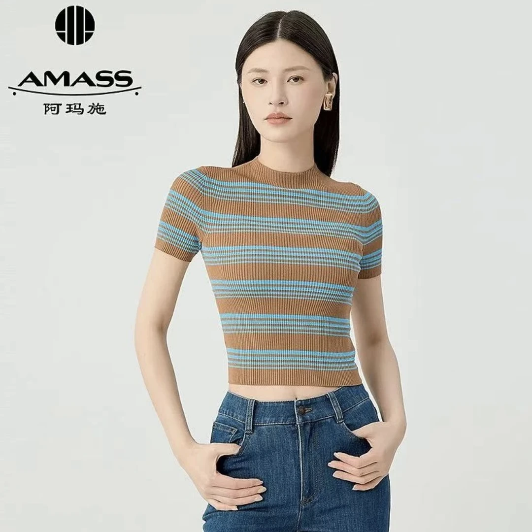 阿玛施AMASS新款女装时尚百搭条纹圆领修身套头短袖针织衫538047