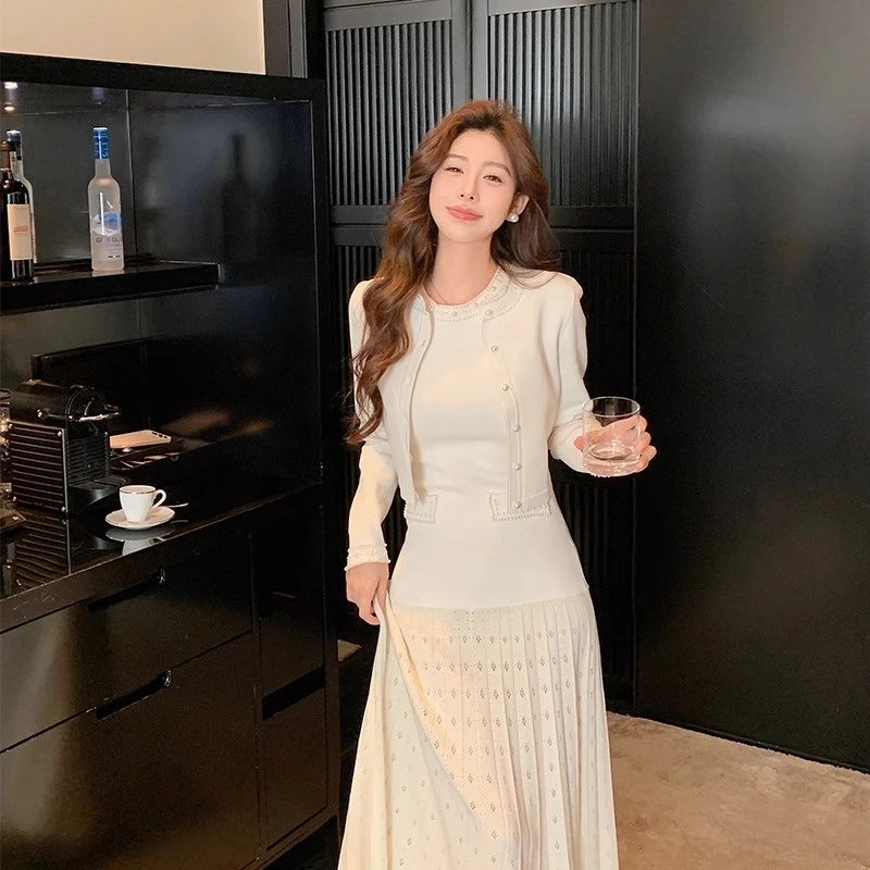 法式优雅浪漫珍珠饰边针织外套+中长款针织两件套连衣裙时尚套装