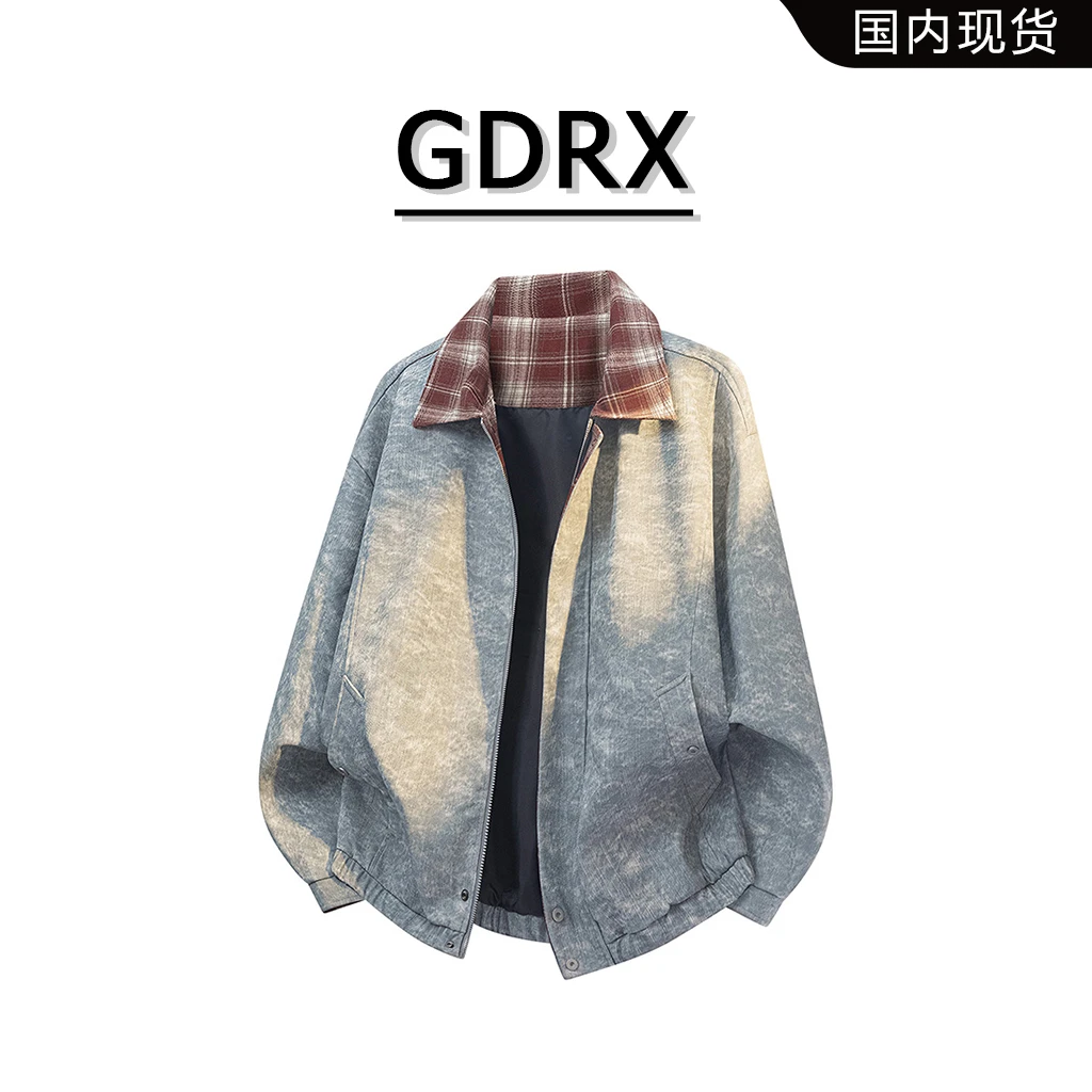 GDRX格子拼接男款皮衣夹克2025秋季哈林顿琥珀风拼牛仔皮大码外套
