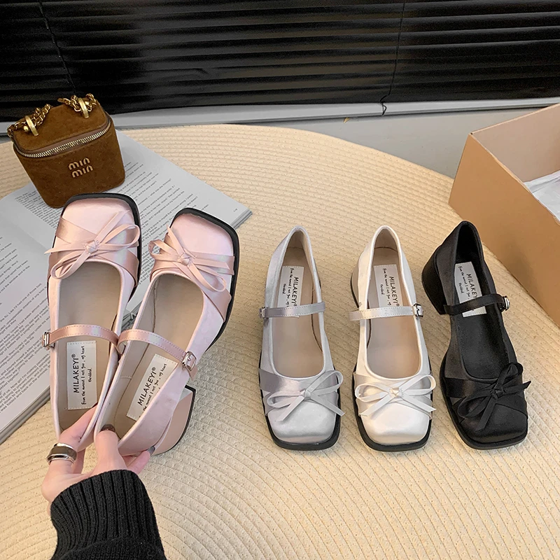 2025春夏新款缎面蝴蝶结方头玛丽珍跟鞋爆款马蹄跟一字带系扣单鞋