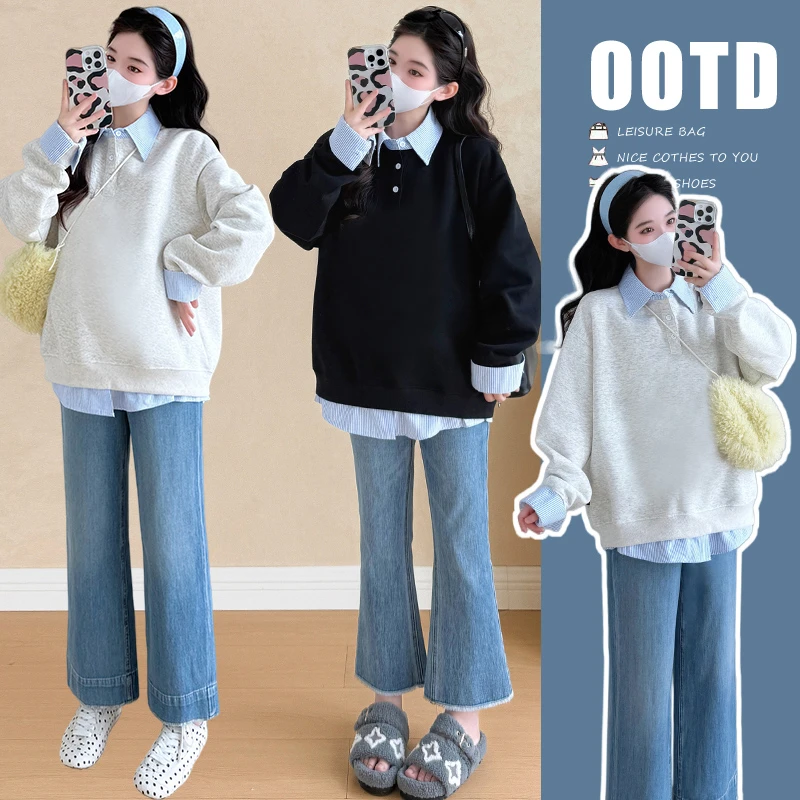 时髦孕妇装新款秋冬韩版休闲加厚假两件拼接翻领卫衣孕妇时尚上衣