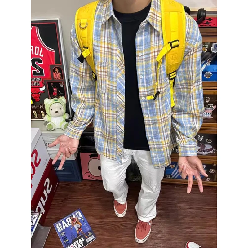 vintage黄蓝色磨毛格子衬衫男高级感长袖衬衣美式复古情侣薄外套
